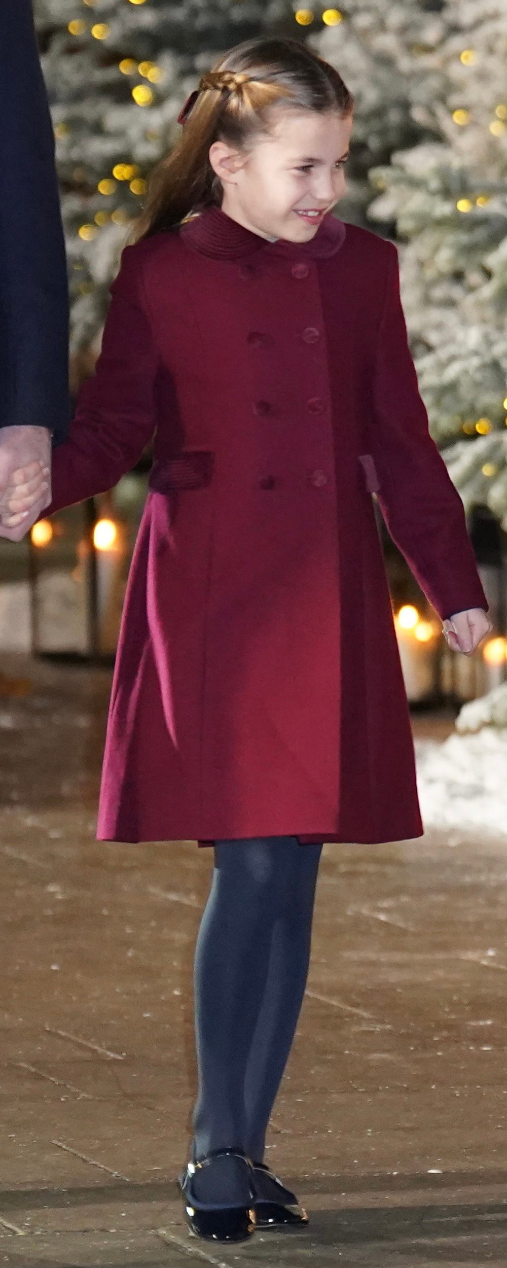 Princess Charlotte wears Trotters Classic Coat in Burgundy