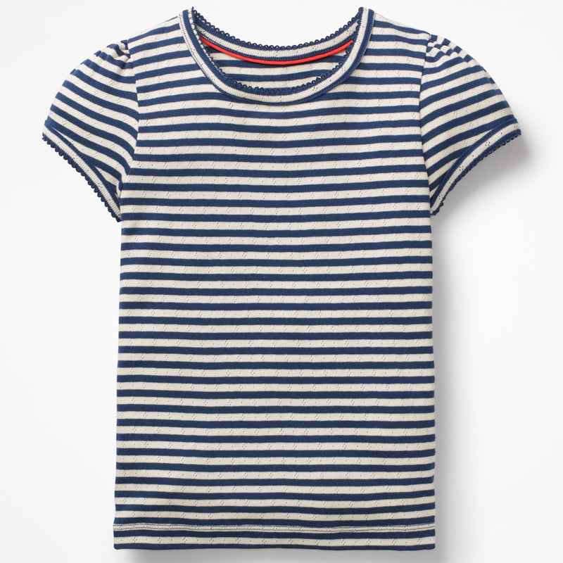 Boden Striped Short-Sleeved Pointelle Top in College Blue & Ivory