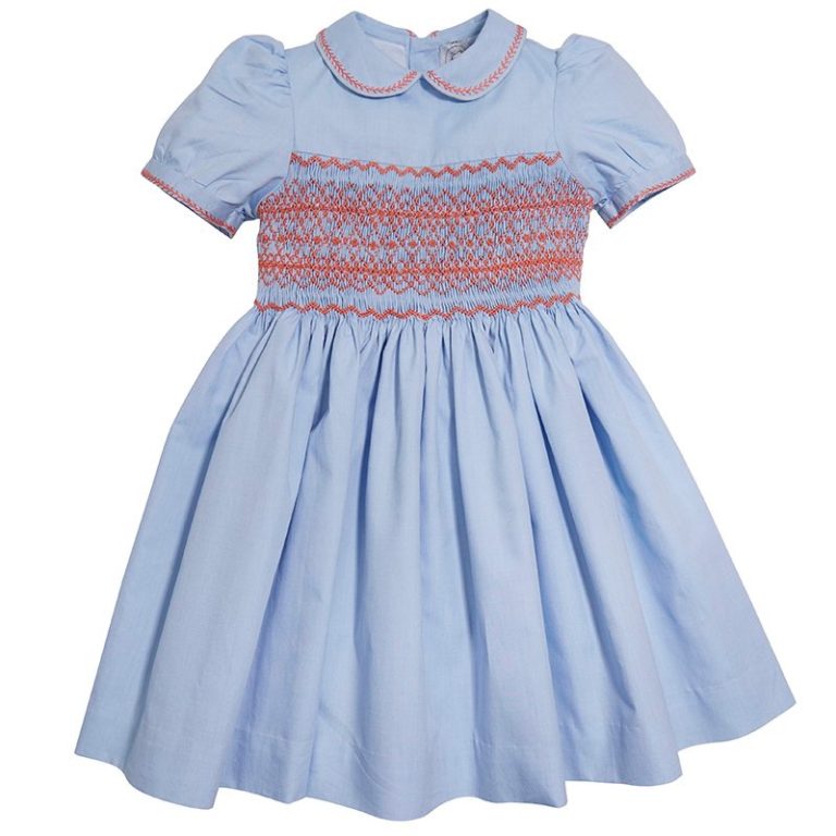 Pepa & Co Classic Handsmocked Dress - Blue and Coral
