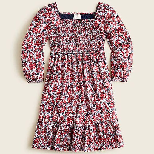 J.Crew Ditsy Floral Girls Smocked Dress With Long Sleeves in Red