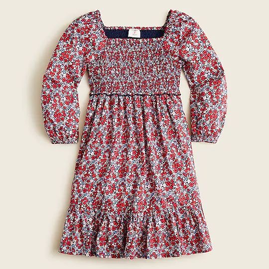 red J.Crew Ditsy Floral Girls Smocked Dress With Long Sleeves