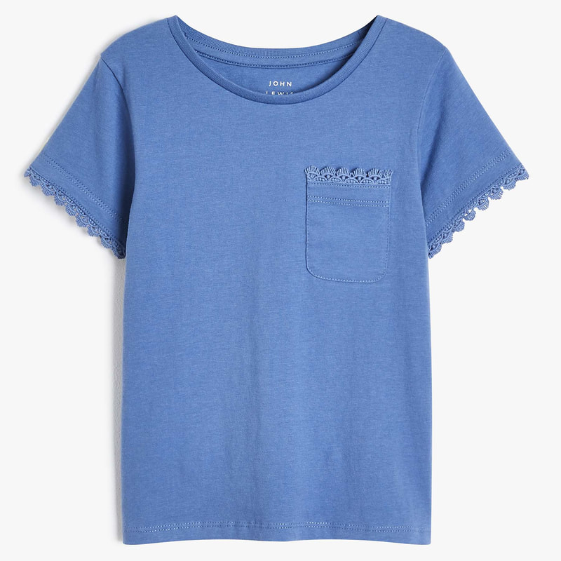 John Lewis Lace Trim Short Sleeve Girls T-Shirt in Bijou Blue