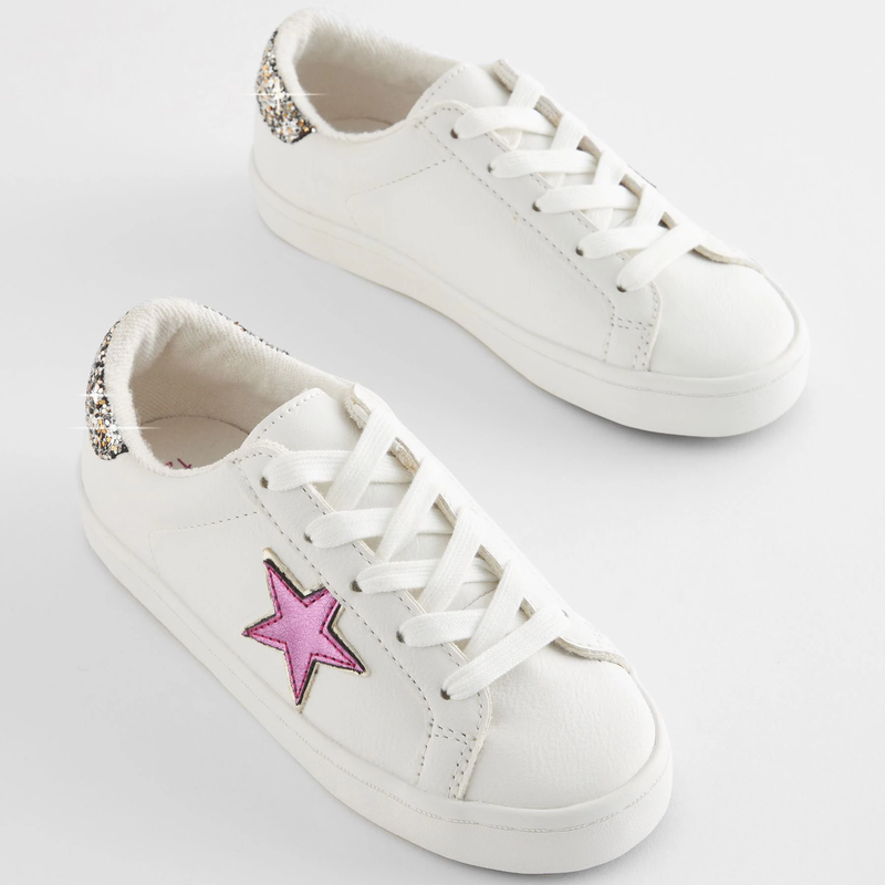 Next Kids Star Lace-Up Trainers in White/Pink Metallic