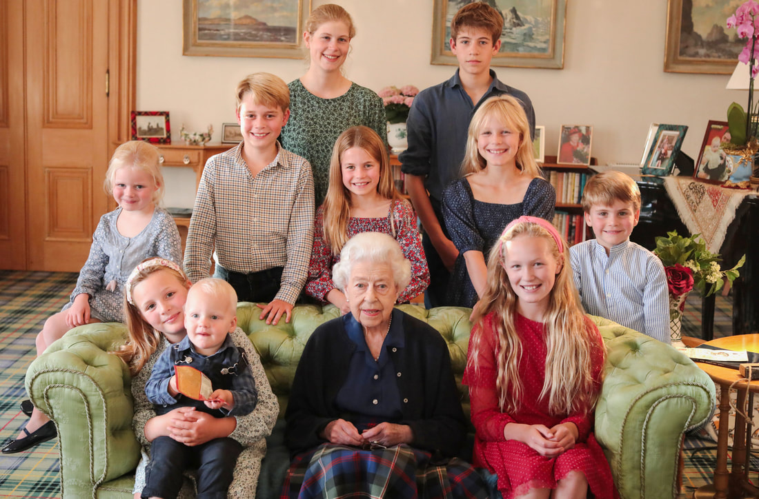 Queen Elizabeth II 97th birthday tribute. Photo taken summer 2022 at Balmoral. Queen poses with several of her grandchildren and great grandchildren; (back row, left to right) Lady Louise Mountbatten-Windsor and James, Earl of Wessex, (middle row, left to right) Lena Tindall, Prince George, Princess Charlotte, Isla Phillips, Prince Louis, and (front row, left to right) Mia Tindall holding Lucas Tindall, and Savannah Phillips.